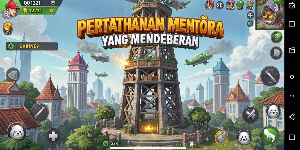 Tangkapan layar gameplay menegangkan di QQ1221 dengan menara pertahanan yang kuat.