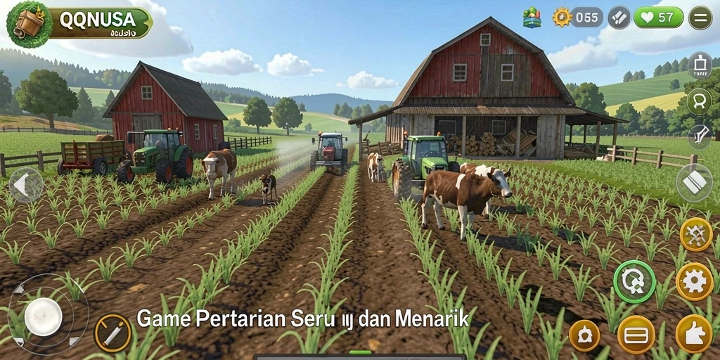 Tampilan permainan QQNUSA dengan kebun yang hijau dan subur.