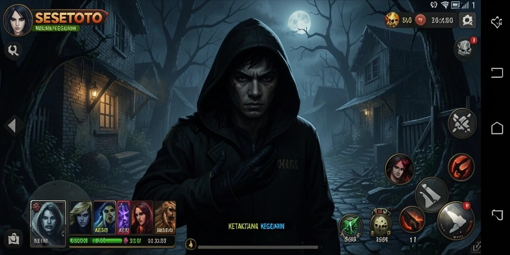 Screenshot gameplay SESETOTO menampilkan suasana horor yang menakutkan.